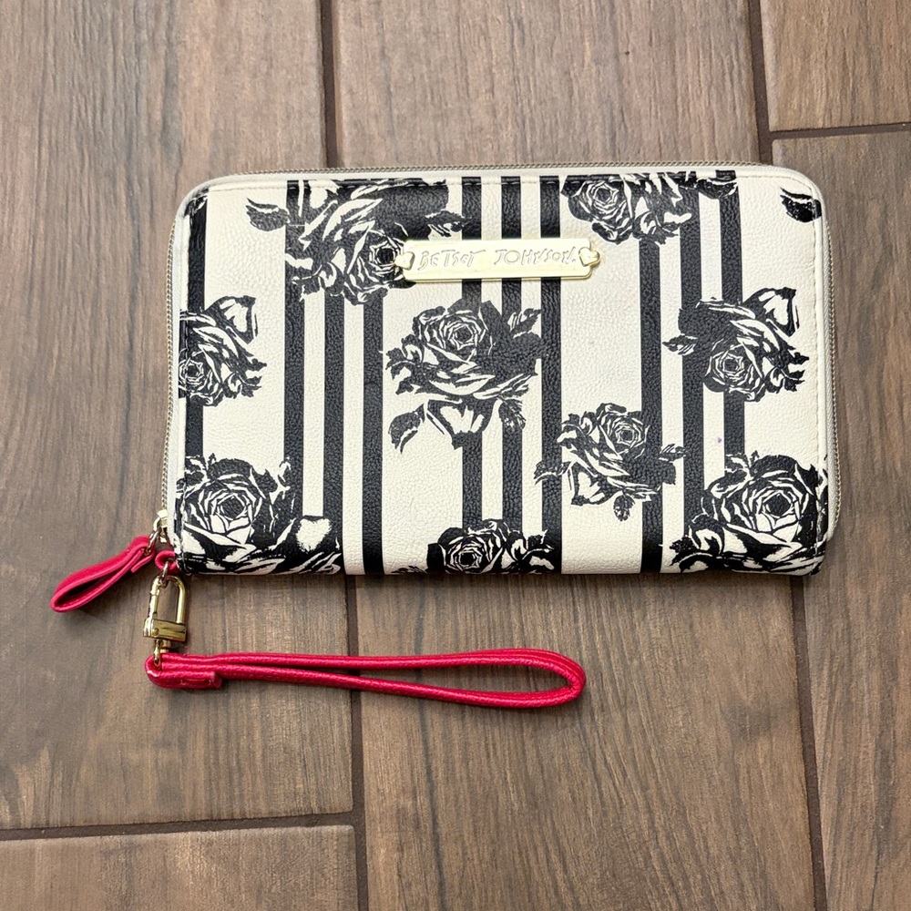 Betsey Johnson Striped Floral Wallet with Pink Strap